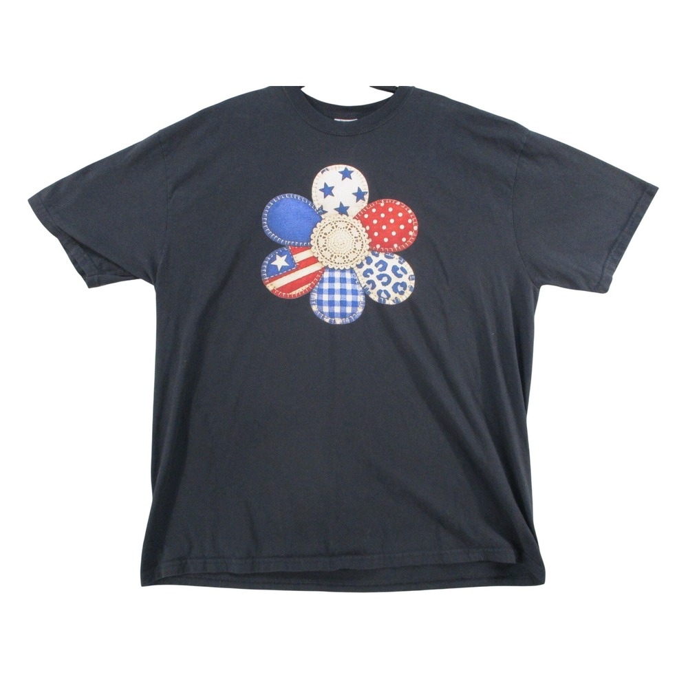 Comfort Colors Americana Flower Applique T-Shirt Navy Blue 2XL Heavyweight Tee
